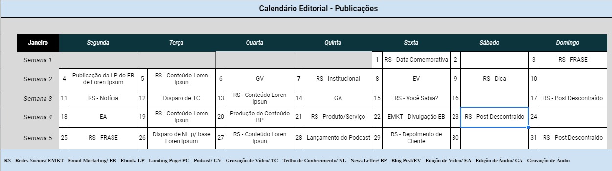 calendário editorial